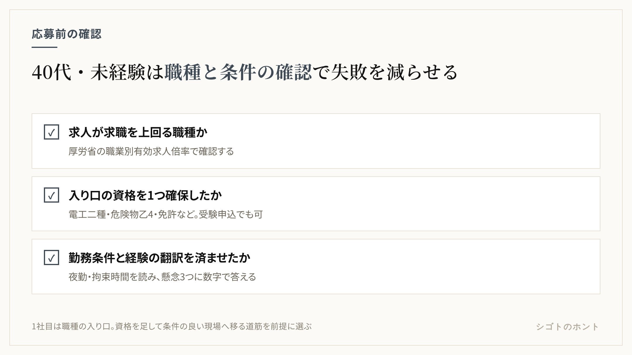 40代未経験の転職で応募前に確認する3項目のチェックリスト。求人が求職を上回る職種か（厚労省の職業別有効求人倍率で確認）、入り口の資格を1つ確保したか（電工二種・危険物乙4・免許など）、勤務条件と経験の翻訳を済ませたか（夜勤・拘束時間を読み、採用側の懸念3つに数字で答える）