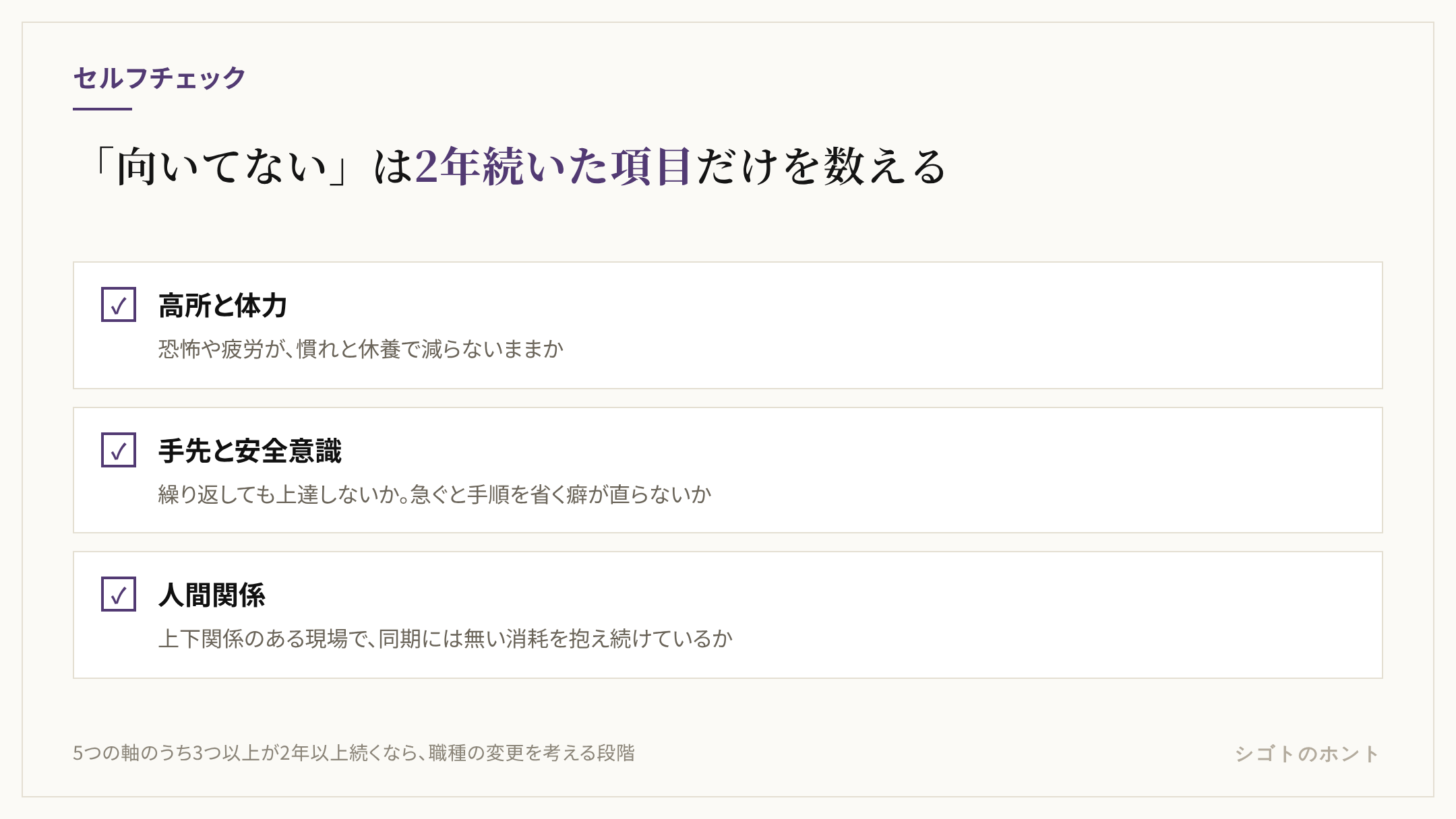 電気工事士に向いてないかを判断する3つの確認項目。高所と体力への恐怖や疲労が慣れと休養で減らないか、手先の作業が繰り返しても上達せず急ぐと手順を省く癖が直らないか、上下関係のある現場の人間関係で同期には無い消耗を抱え続けているか。3つ以上が2年以上続くなら職種の変更を考える段階