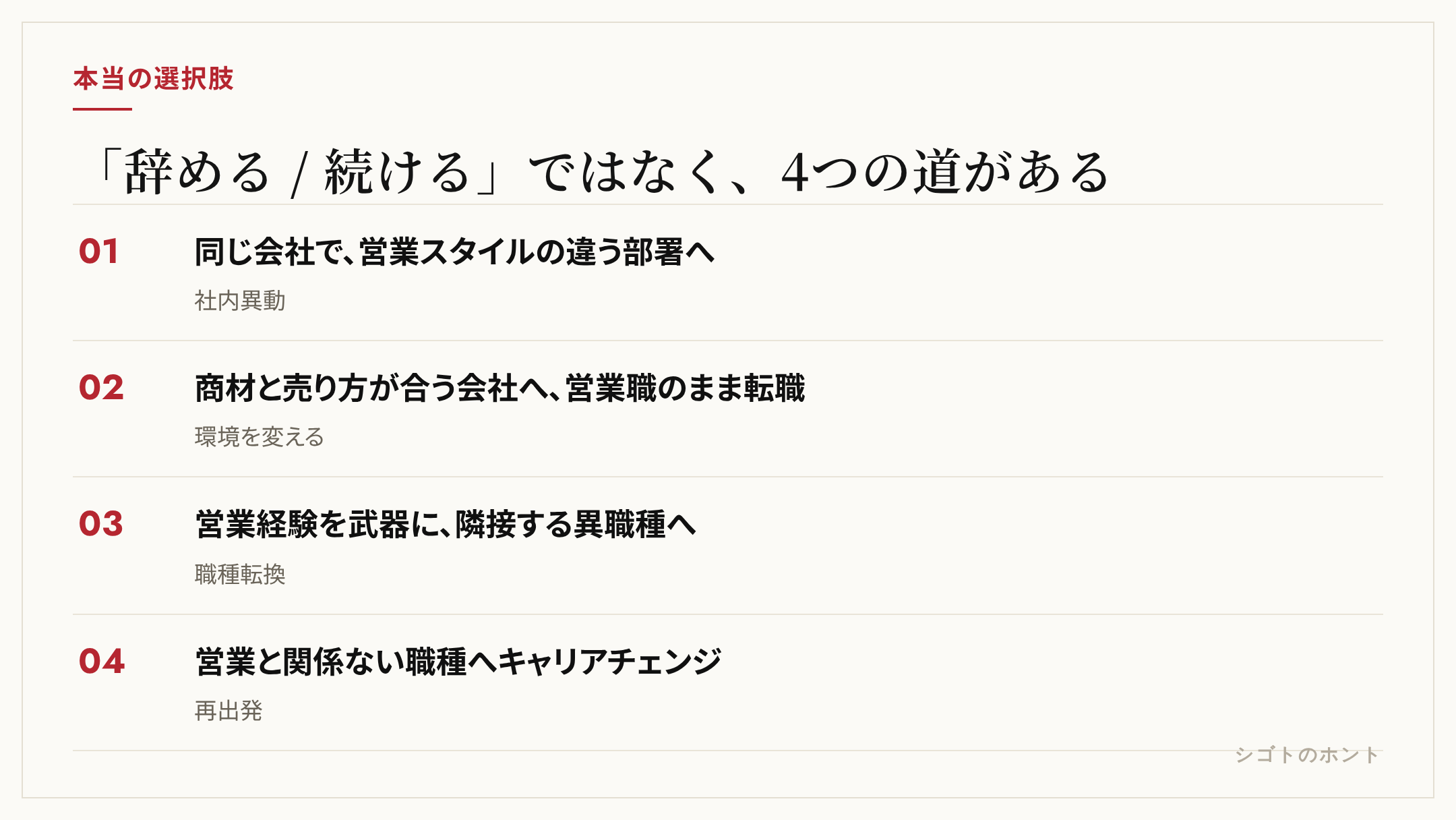 「辞める/続ける」ではなく、異動・転職・異職種・キャリアチェンジの4つの道がある