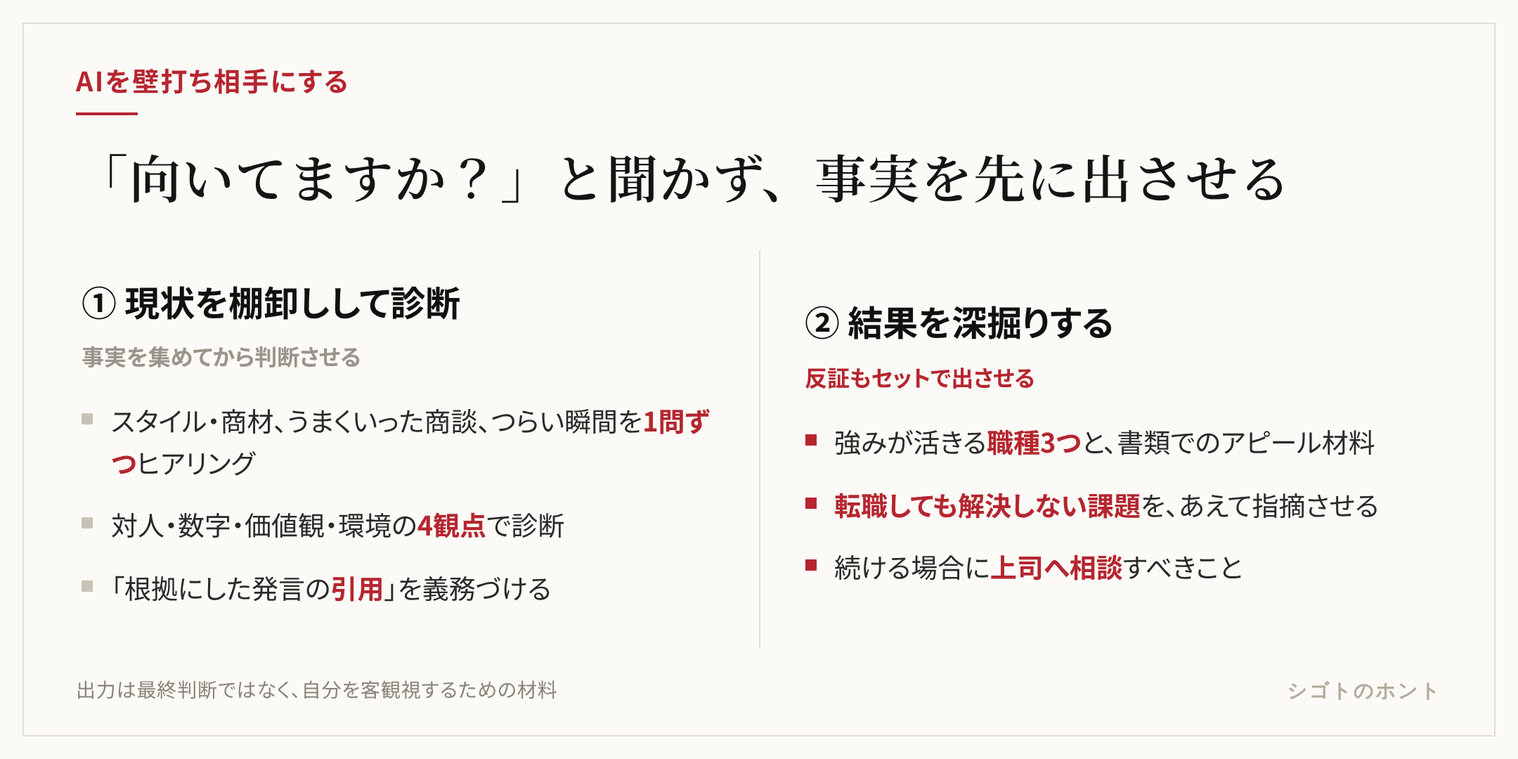 AIに面接官役をさせる2プロンプトの流れ：①現状を棚卸しして診断 ②結果を深掘り