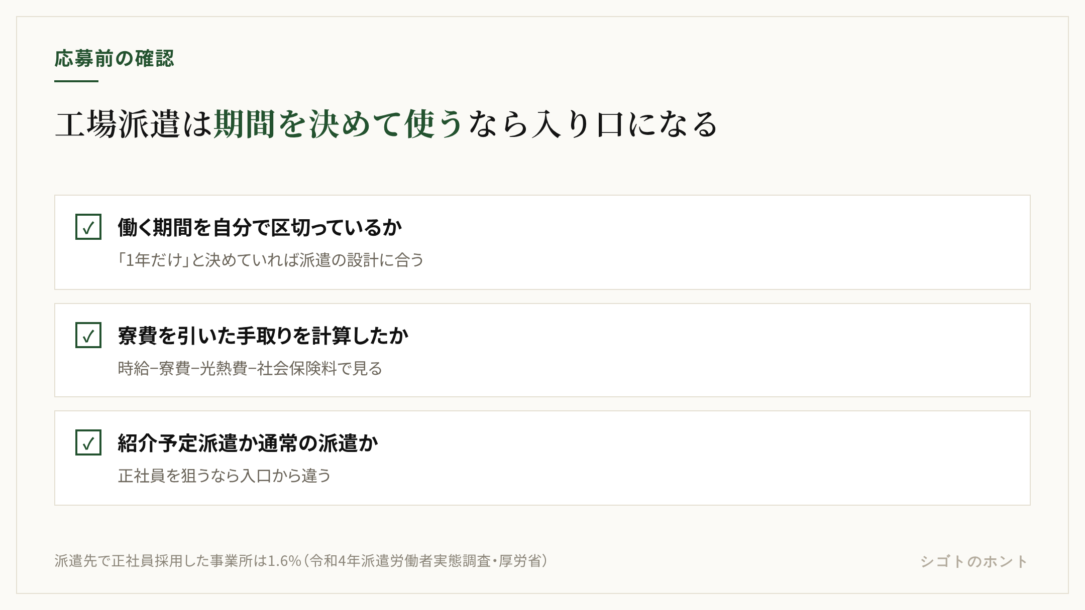 工場派遣を選ぶ前の確認項目3つ。働く期間を自分で区切っているか、寮費を引いた手取りを計算したか、紹介予定派遣か通常の派遣か